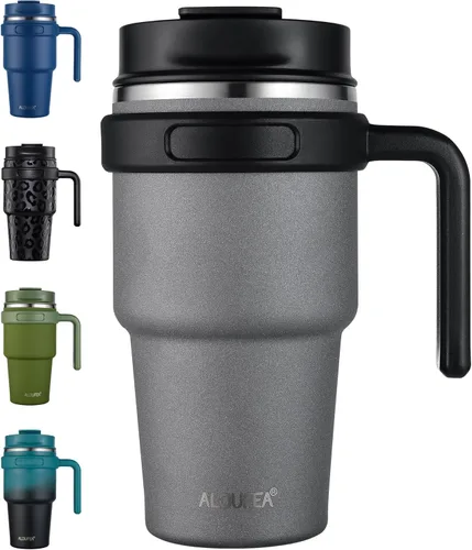 Miniatura 18 de Taza/vaso de café aislado de 20 onzas con asa, vaso de viaje de acero inoxidable con tapa y popote, vaso de doble pared con aislamiento al vacío a