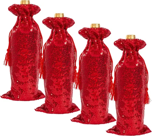 Miniatura 11 de SquarePie Bolsa de regalo de vino de lentejuelas negras, 4 piezas con cordones de 5.5 x 14 pulgadas, fundas de botellas con purpurina para Navidad