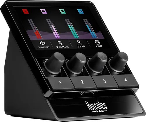 Hercules Stream 100, mezclador de audio para creadores de contenido, streaming y juegos, hasta 8 pistas, pantalla LCD, 4 botones de acción e