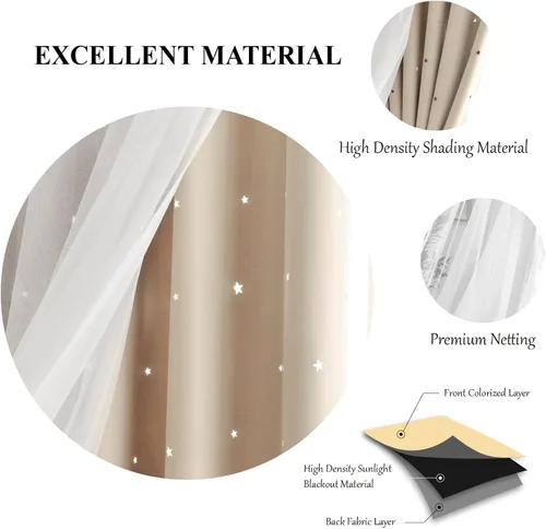 Miniatura 3 de Loyala Cortinas opacas de doble capa con diseño de estrellas para dormitorio de niños, bonitas, 63 pulgadas de largo, juego de 2 paneles, beige, 42