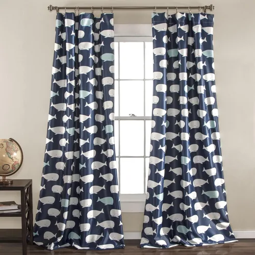 Lush Decor, Cortinas de ballena azul marino, diseño de océano con estampado de animales, juego de ventana para oscurecer la habitación, sala de