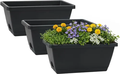 GREANER Cajas rectangulares con bandejas, 3 paquetes de macetas modernas para verduras, cajas de plástico de 13.8 pulgadas para alféizar, patio,