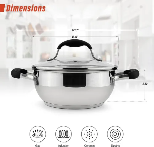 Miniatura 3 de AVACRAFT Sartén de Acero Inoxidable 18/10 para Uso Diario, Sartén Wok con Base de Cinco Capas, Sartén de Chef con Tapa de Vidrio, Sartén Multiusos