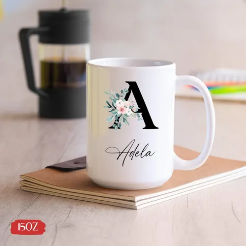 Miniatura 5 de Tazas de café blancas personalizadas con nombre, taza con nombre personalizado con inicial, taza de cerámica floral personalizada, regalo