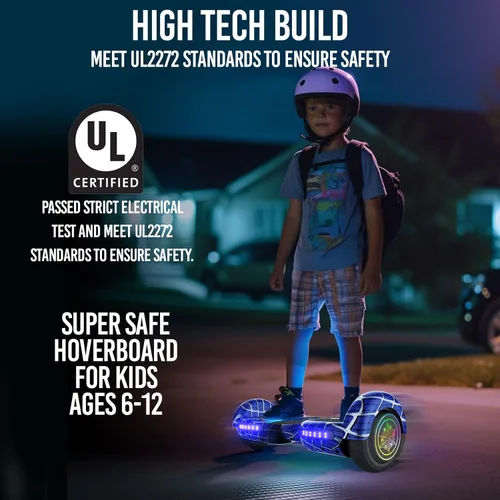 Miniatura 9 de Aeropatineta con patrón de araña para niños de 6 a 12 años, con altavoz Bluetooth y luces LED, aeropatineta de 6.5 pulgadas, certificado de Azul