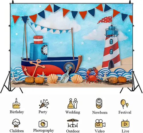 Miniatura 5 de Fondos de fotografía náutica de verano para vacaciones, velero, faro para niños, decoración de fondo de cumpleaños para niños, fiesta temática