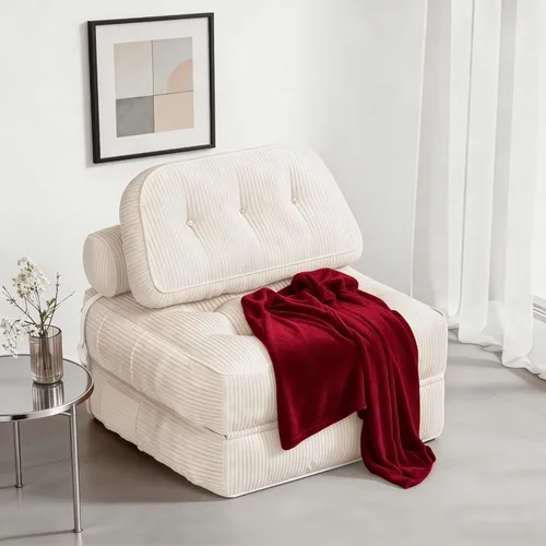 Sofá cama plegable, futón de franela con almohada y manta, silla convertible para sala de estar y dormitorio, color blanco