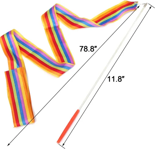Miniatura 2 de Paquete de 4 cintas de baile de 6.6 ft, cintas de gimnasia rítmica con serpentinas de arco iris, varitas giratorias en palos para baile artístico