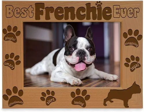 KATE POSH Best Frenchie Ever - Marco de fotos de madera natural grabado, marco de fotos de bulldog francés, regalos conmemorativos para mascotas,