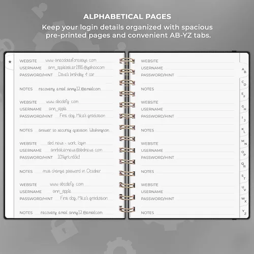 Miniatura 3 de Clever Fox Libro de Contraseñas en Espiral – Organizador de Direcciones de Internet y Contraseñas con Pestañas Alfabéticas Laminadas – Diario Negro