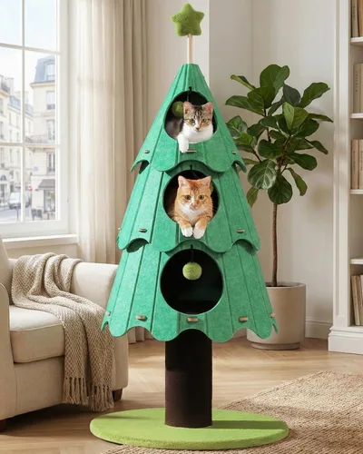 Miniatura 9 de MUTTROS Árbol moderno de madera para gatos de 42.5 pulgadas con condominio de 2 pisos, postes rascadores, nido de cápsulas y bolas colgantes