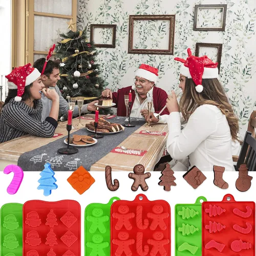 Miniatura 7 de Juego de 6 moldes de silicona de Navidad para chocolate y caramelos, Papá Noel, muñeco de nieve, árbol de Navidad, regalos de árbol de Navidad