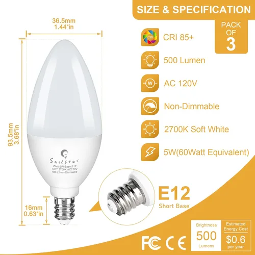 Miniatura 4 de Bombillas LED E12 de Sailstar, equivalentes a 60 W, 500 lúmenes, bombillas de luz para ventilador de techo, blanco suave 2700 K, tipo B, bombilla