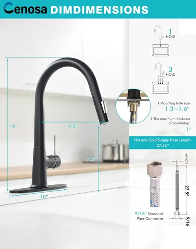 Miniatura 6 de Grifo de cocina negro sin contacto con adaptador de CA, sensor de movimiento inteligente, manos libres, grifo de fregadero de cocina de una sola