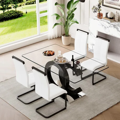 Miniatura 33 de gopop Mesa de comedor de cristal de 63 pulgadas, mesa de cocina moderna, mesa de comedor de vidrio transparente con patas de diseño único negro