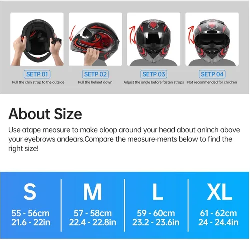 Miniatura 5 de DOT Approved Modular Flip-Up Dual Visor Motorcycle Full Face Helmet for Adults Men & Women with 2 Removable Visors (1 Clear + 1 Tinted)，Suitable for