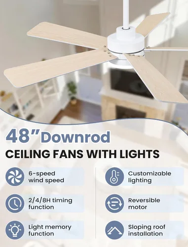 Miniatura 3 de Ventilador de techo de 48 pulgadas con luces y control remoto, montaje de varilla descendente, compatible con techo inclinado hasta 15°, motor CC
