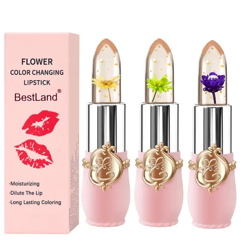 BestLand - Set de 3 piezas/conjunto de lápiz labial de gelatina floral, bálsamo hidratante que cambia de temperatura, color mágico que cambia, 3