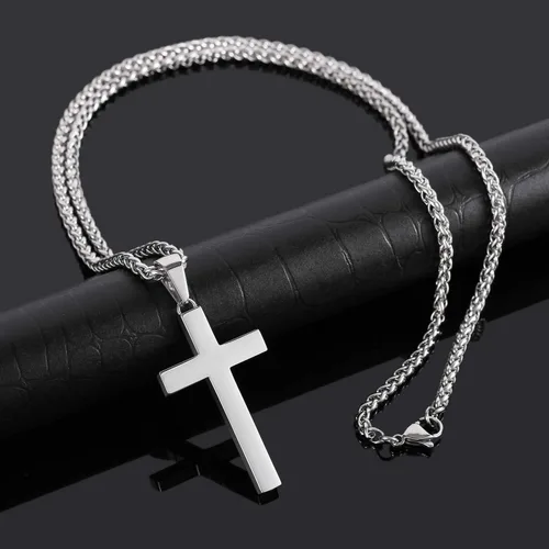 Miniatura 5 de P. BLAKE Collar con colgante de cruz de acero inoxidable para hombres y niños, colgante de cruz cristiana con cadena de 24 pulgadas