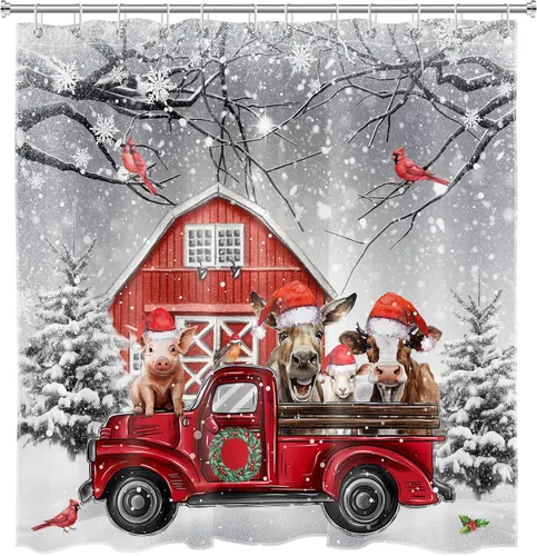 Miniatura 4 de LB Christmas Red Truck Shower Curtain for Bathroom, Farm Animal with Xmas Hat and Cardinal with Pine Tree Fabric Shower Curtain with Hooks, Grey