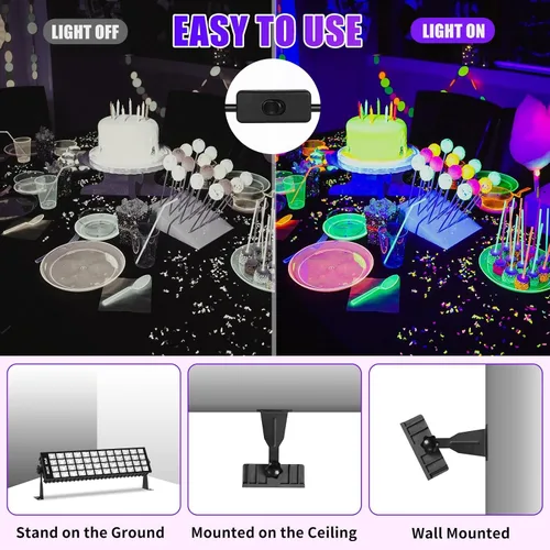 Miniatura 4 de 2 barras de luz LED negras de 100 W, luz negra impermeable IP66 con interruptor de cable de 6 pies, luces negras para fiesta de neón brillante