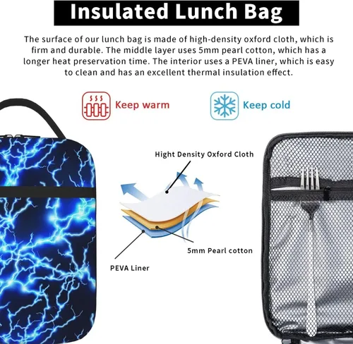 Miniatura 6 de Lonchera Lightning para niños y niñas, bolsa de almuerzo aislada reutilizable con bolsillo lateral, lonchera azul para niñas, niños y adolescentes