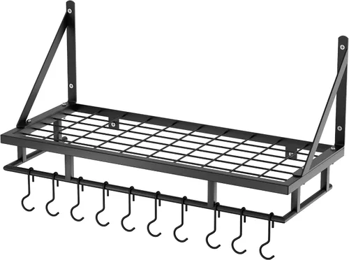Miniatura 8 de KES Estante para ollas de cocina de 24 pulgadas montado en la pared, organizador de almacenamiento con ganchos, estante de pared en mate negro