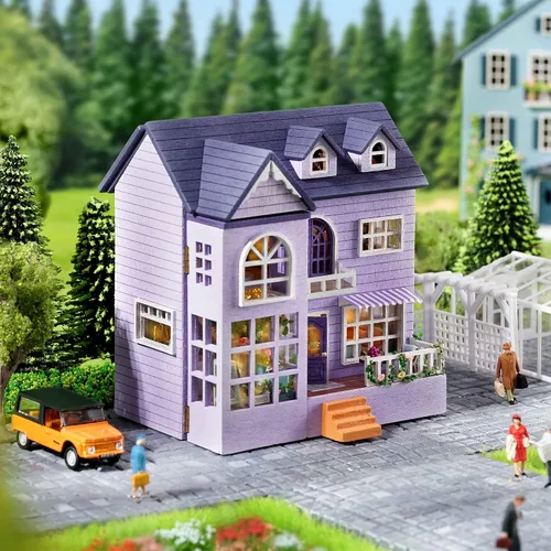 Miniatura 2 de Spilay Casa de muñecas Kit de muebles de madera en miniatura, mini casa de muñecas hecha a mano con LED, escala 1:24, juguetes creativos
