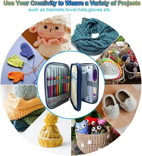 Miniatura 6 de Juego de 100 ganchos de ganchillo en estuche con mango ergonómico de agarre suave, hilo para tejer, agujas de tejer, kit de accesorios para agujas