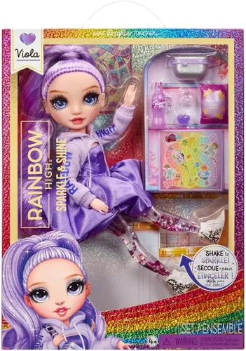 Rainbow HIGH Sparkle and Shine - Muñeca modelo Viola (púrpura) de 11.0 in con purpurina líquida en las piernas, agita para verlas con purpurina,