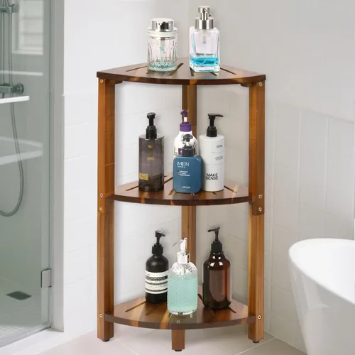 Miniatura 4 de IBosins Organizador de ducha esquinero de 3 niveles para baño, estante para ducha interior, organizador de madera de acacia natural y almacenamiento