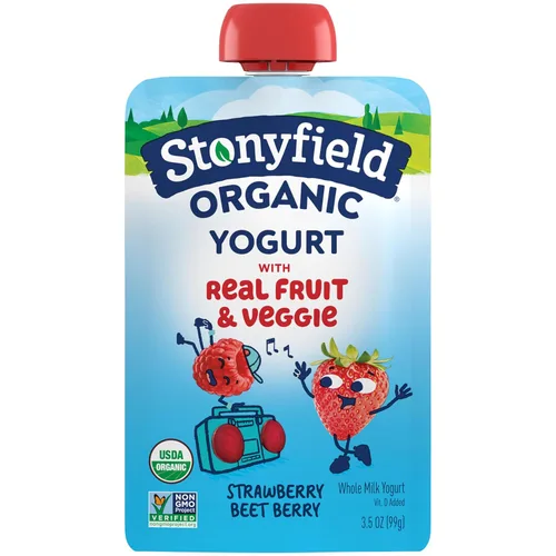 Stonyfield Organic Bolsa de yogur de leche entera de fresa y remolacha para niños, 3.5 onzas, porción individual - Fruta y verdura real