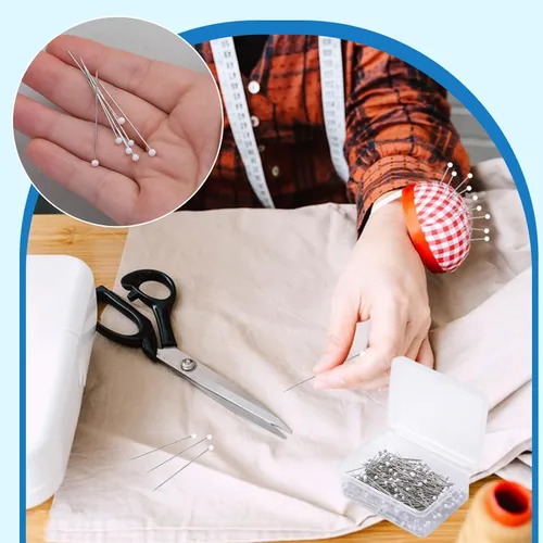 Miniatura 7 de Alfileres de costura, 300 alfileres rectos para tela, alfileres de encaje de cabeza de bola perlada blanca larga de 1.5 pulgadas con caja de Blanco