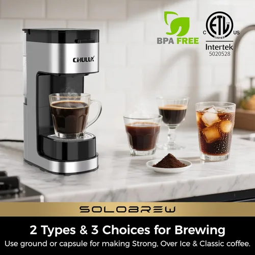Miniatura 2 de CHULUX SoloBrew Cafetera de una sola porción, para taza K y molida, 3 tamaños de preparación con botón fuerte y función de hielo, depósito extraíble