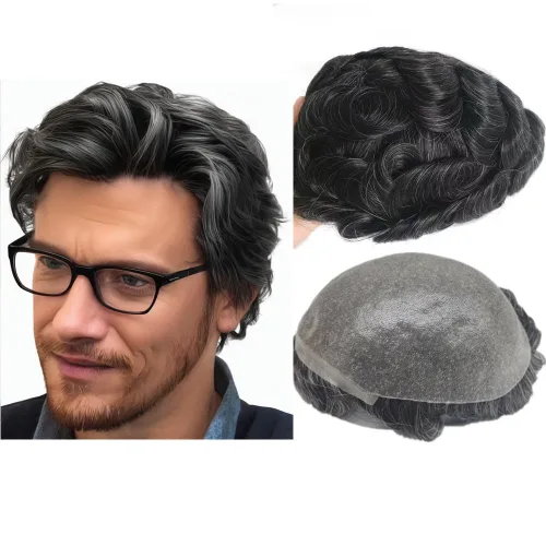 Miniatura 12 de N.L.W. Prótesis de cabello humano europeo para hombre, toupee para hombres con piel fina transparente PU 10x8 tamaño base piezas de cabello humano