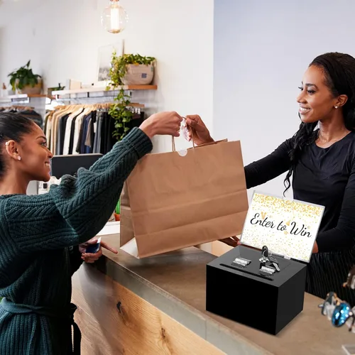 Miniatura 6 de Caja de donación acrílica negra con cerradura, caja de sugerencias segura con soporte para letreros para tarjetas de voto y consejos, 6 x 4.3 x 4