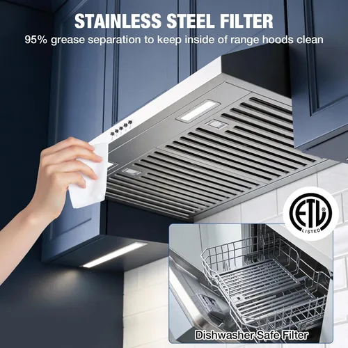 Miniatura 6 de Campana extractora para debajo del gabinete de 30 pulgadas, 600 CFM, con conductos o sin conductos, convertible para cocina, acero inoxidable, 3
