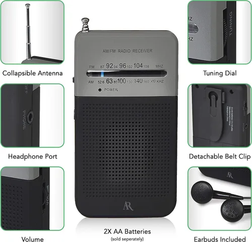 Miniatura 2 de Acoustic Research Radio AM/FM portátil – Acabado de goma negro y gris con clip para cinturón, altavoz integrado y auriculares; funciona