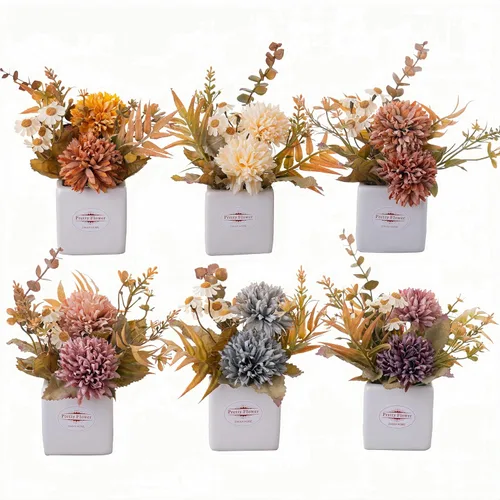 6 piezas de flores artificiales de otoño con jarrones de cerámica – Pequeños crisantemos y margaritas falsos multicolores con maceta para decoración