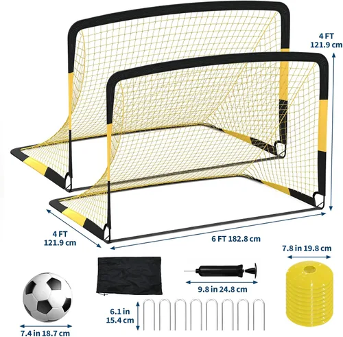 Miniatura 2 de Paquete de 2 porterías de fútbol de 6 x 4 pies, juego de porterías de fútbol para niños, red de fútbol portátil desplegable con pelota de fútbol