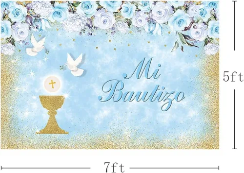 Miniatura 3 de MEHOFOND Mi Bautizo - Telón de fondo para fiesta de bautismo para niños, fondo de fotografía de fondo dorado con texto en inglés "Bless Bles", Azul