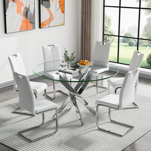 Miniatura 60 de Juego de mesa de comedor redonda de 3 piezas para 2, mesa de cocina moderna de vidrio plateado y sillas para 2 con sillas tapizadas, juego de mesa