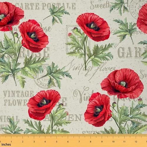 Miniatura 11 de The Yard - Tela de amapola roja por yarda, pintura a tinta, flores florecientes, tela para adolescentes, niñas, mujeres, acuarela, pájaros, rústico