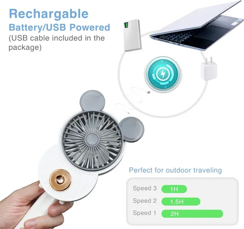 Miniatura 3 de LACOVIA Lindo ventilador de nebulización de ratón, ventilador portátil recargable USB de mano con 3 velocidades ajustables, plegable para viajar