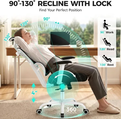 Miniatura 3 de Silla de oficina ergonómica con respaldo alto y soporte lumbar, silla de computadora de malla transpirable con reposabrazos ajustables, silla Blanco