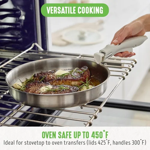 Miniatura 7 de GreenLife Ollas y sartenes de acero inoxidable de 10 piezas, juego de cocina desmontable y apilable, utensilios de cocina sin PFAS de tres capas