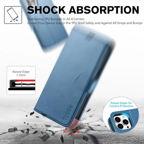 Miniatura 6 de TUCCH Funda tipo cartera para iPhone 13 Pro Max, con bloqueo RFID, ranura para tarjetas y soporte [funda interior de TPU a prueba de impactos], Azul
