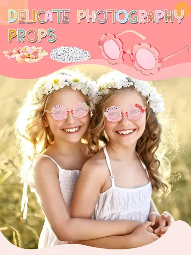 Miniatura 5 de Dunzy 10 pares de lentes de sol redondos de flores para niños, gafas de bricolaje para exteriores, con 50 margaritas, 100 cuentas de letras al azar