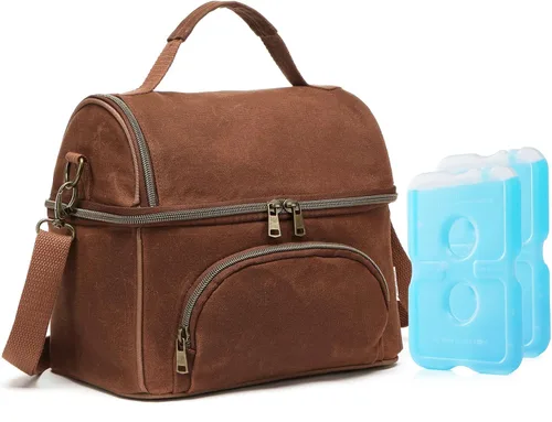 Waxed Canvas Lunch Bag with 2 XL Ice Packs, Canvas Lunch Box, Lunch Cooler for Men Work, 10.5L 2 Compartments Insulated Leakproof Cooler Bags for