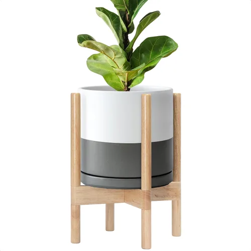 Miniatura 96 de D'vine Dev Maceta de cerámica con soporte de ébano – Maceta redonda moderna de 8 pulgadas con soporte para maceta de madera, color negro, 55-B-M-2